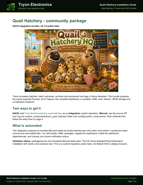 Preview of the branded Quail Hatchery HACS installation guide