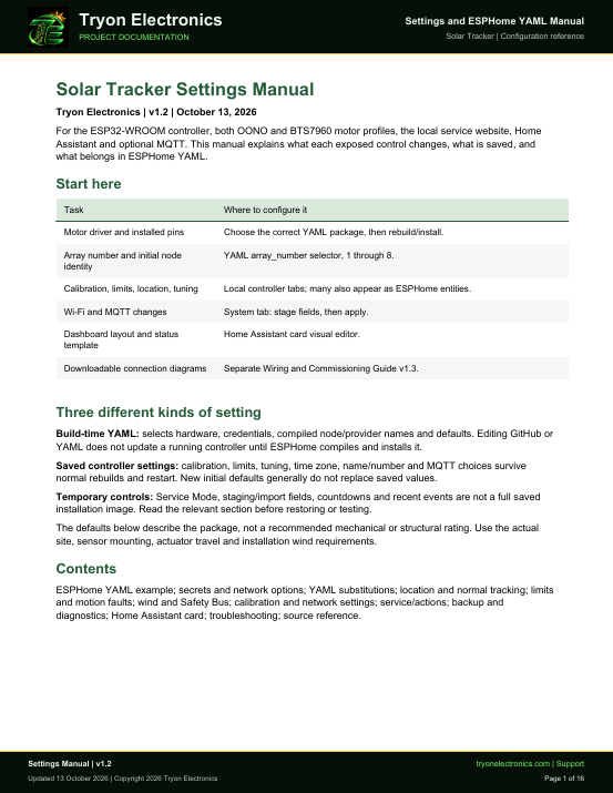 Preview of the branded Solar Tracker settings manual version 1.2
